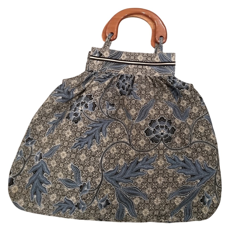 Reversible Batik Floral Tote Bag Wooden Handle Blue Brown Boho Handbag